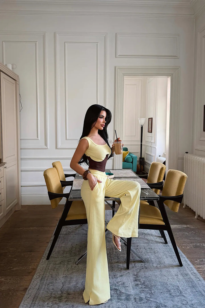 EYY Women Yellow Zipper Detail Pants Set - Bracknell