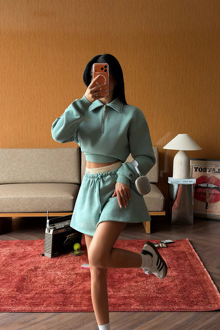 EYY Women Aqua Green Zipper Detail Shorts Set - Kozáni