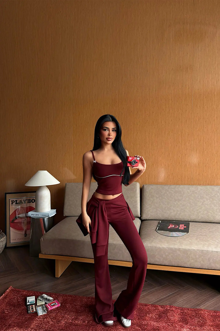 EYY Women Burgundy Zipper Detail 3-Piece Set - Sindelfingen