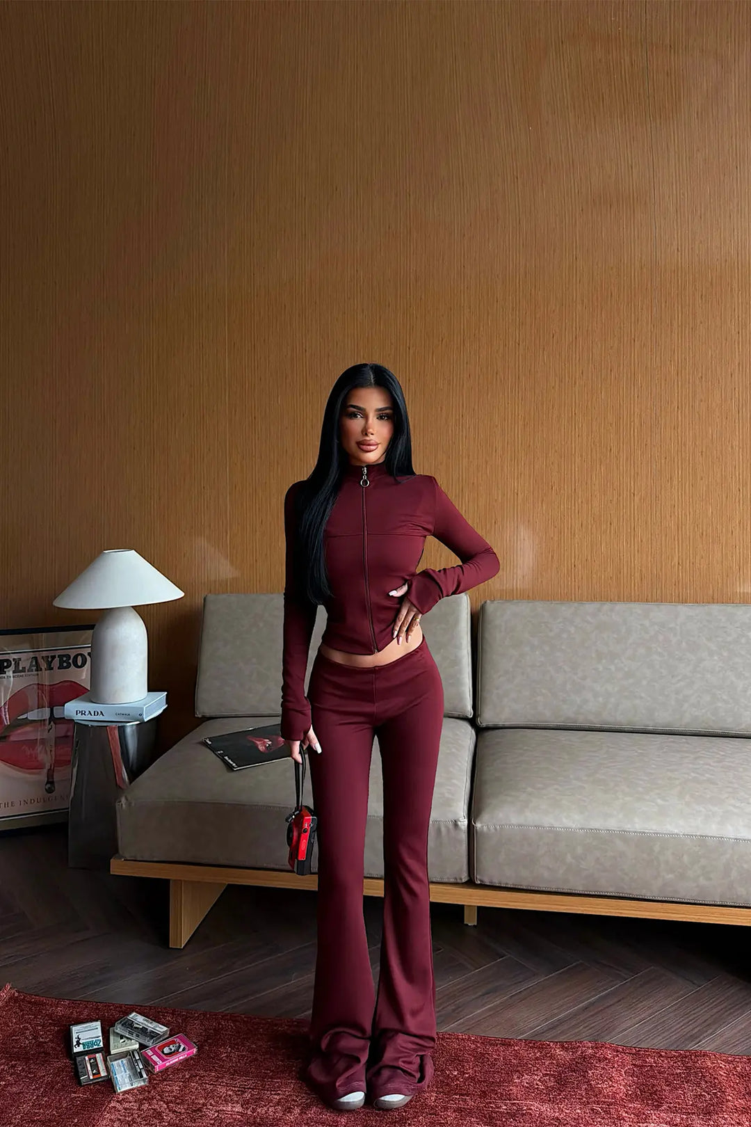 EYY Women Burgundy Zipper Detail 3-Piece Set - Sindelfingen