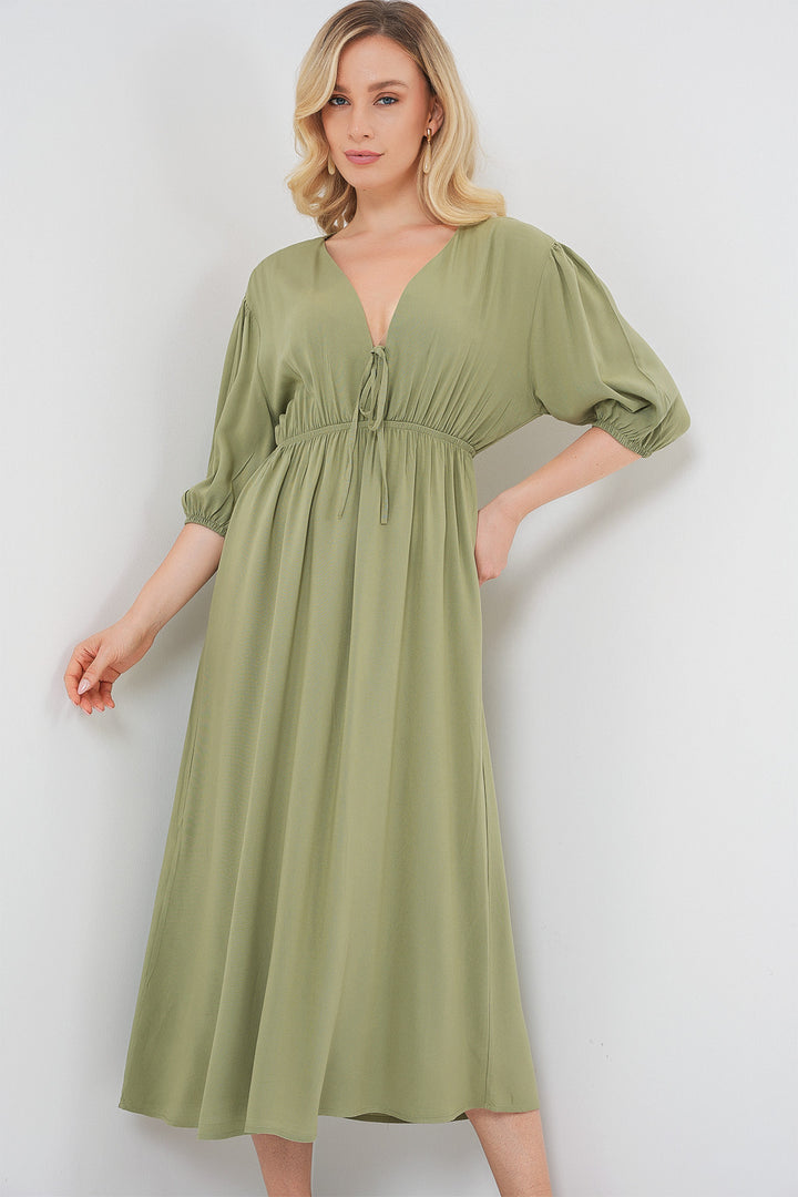 BGD Women Women's Waist Ruched V-Neck Dress - Çağla - Princeton