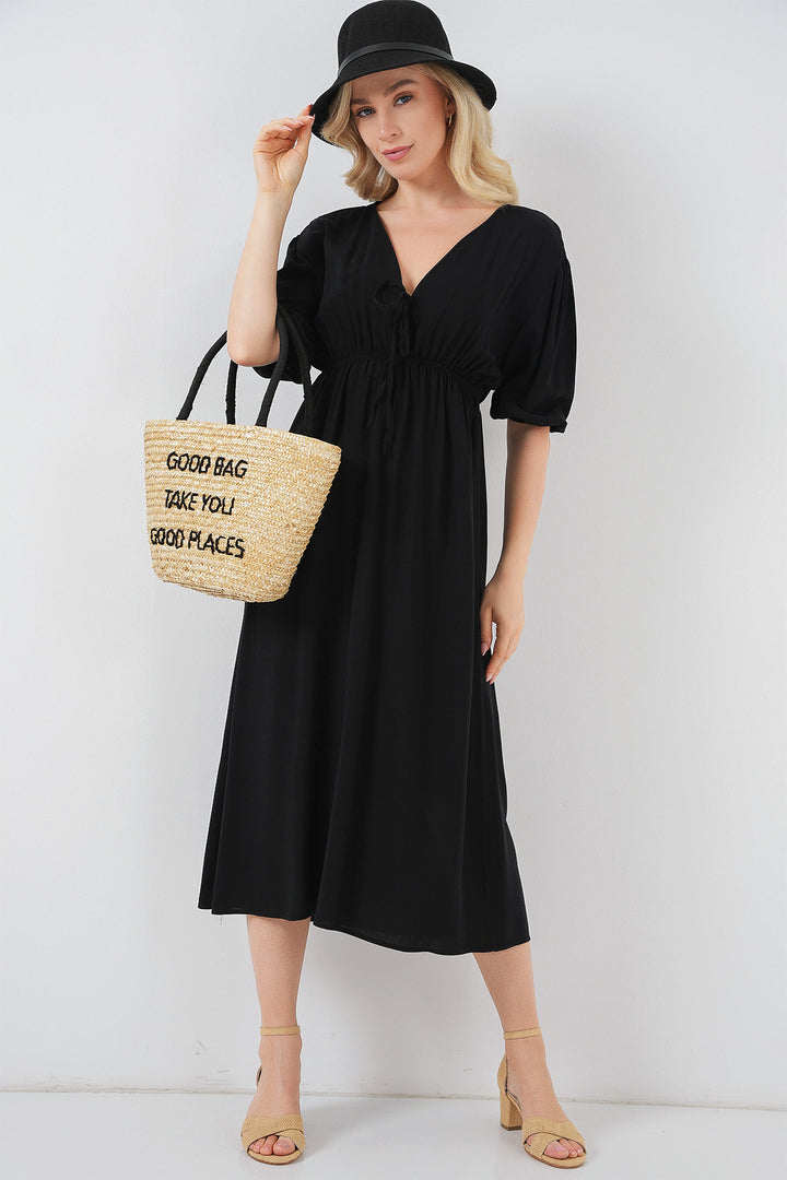 BGD Women Women's Cinched Waist V-Neck Dress - Black - Campi Bisenzio