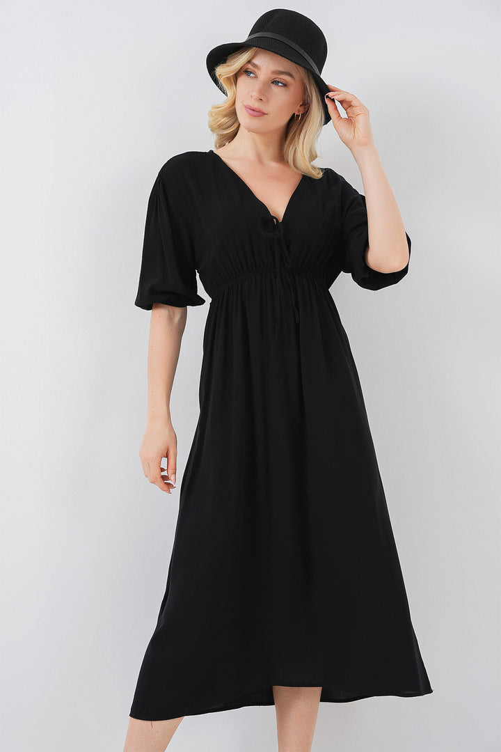 BGD Women Women's Cinched Waist V-Neck Dress - Black - Campi Bisenzio