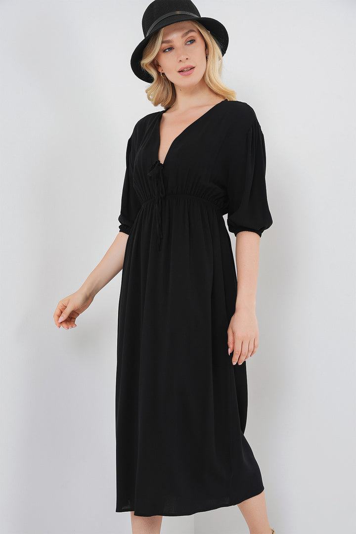 BGD Women Women's Cinched Waist V-Neck Dress - Black - Campi Bisenzio