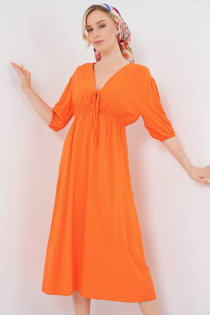 BGD Women Women's Waist Gathered V Neck Dress - Orange - Aberdeen