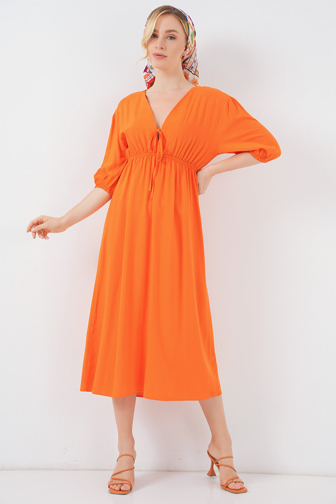BGD Women Women's Waist Gathered V Neck Dress - Orange - Aberdeen