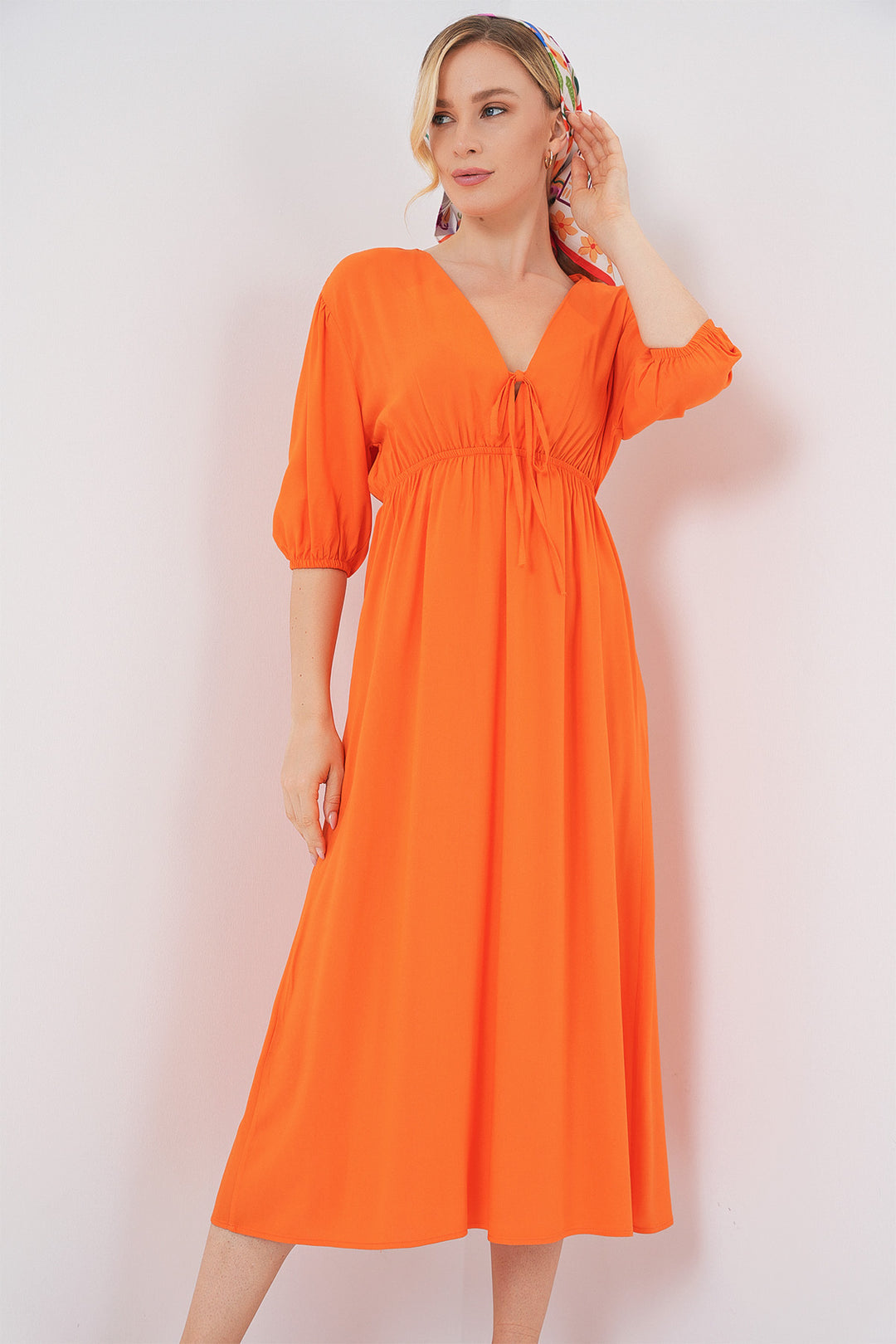 BGD Women Women's Waist Gathered V Neck Dress - Orange - Aberdeen