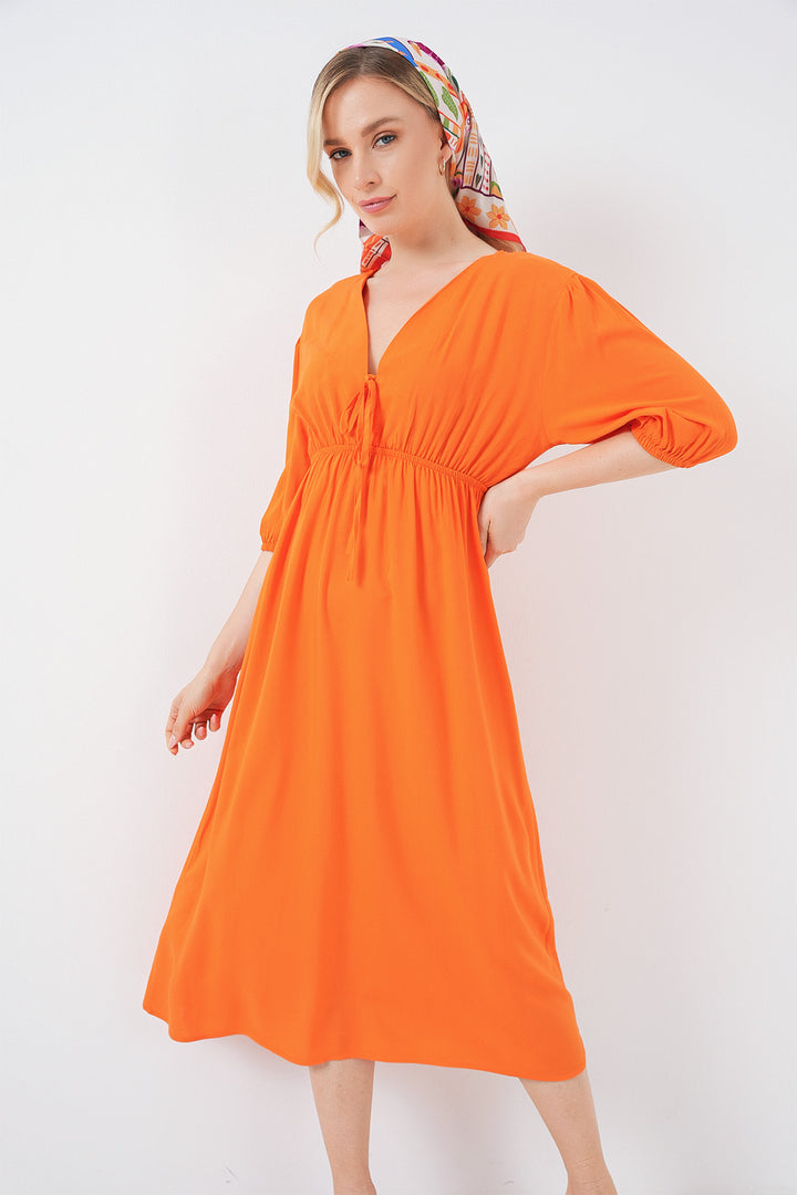 BGD Women Women's Waist Gathered V Neck Dress - Orange - Aberdeen