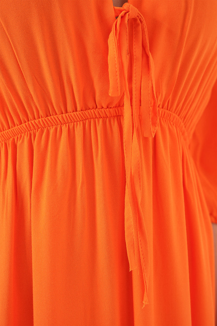 BGD Women Women's Waist Gathered V Neck Dress - Orange - Aberdeen