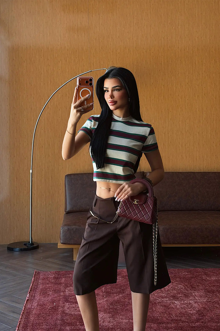 EYY Women Beige Striped Crop Top - Rogers