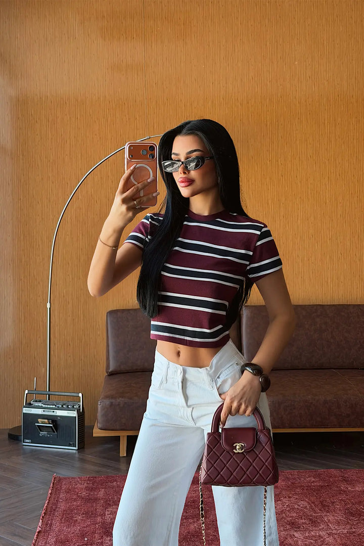 EYY Women Burgundy Striped Crop Top - Spruce Grove