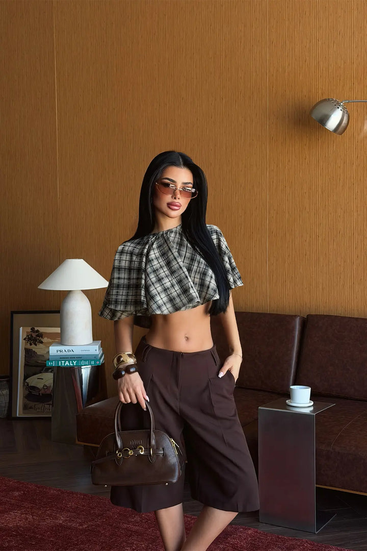 EYY Women Beige Plaid Crop Top - Huesca