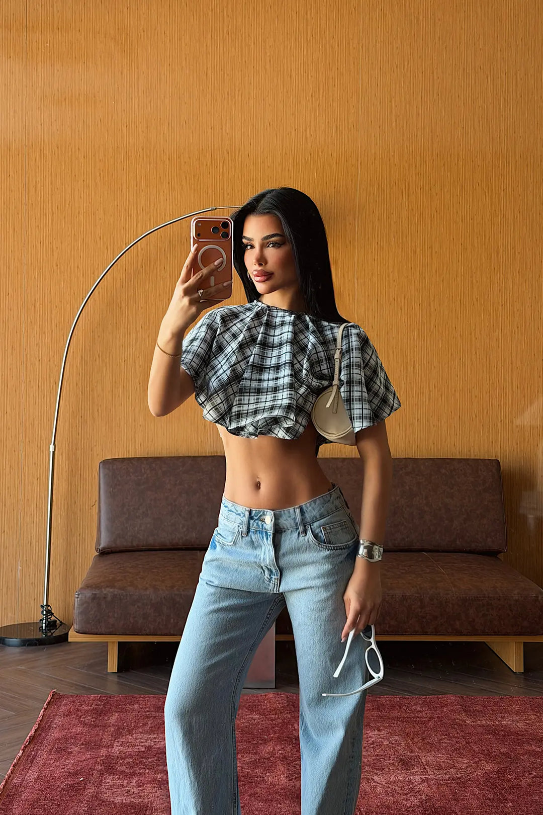 EYY Women Baby Blue Gingham Crop Top - Round Lake Beach