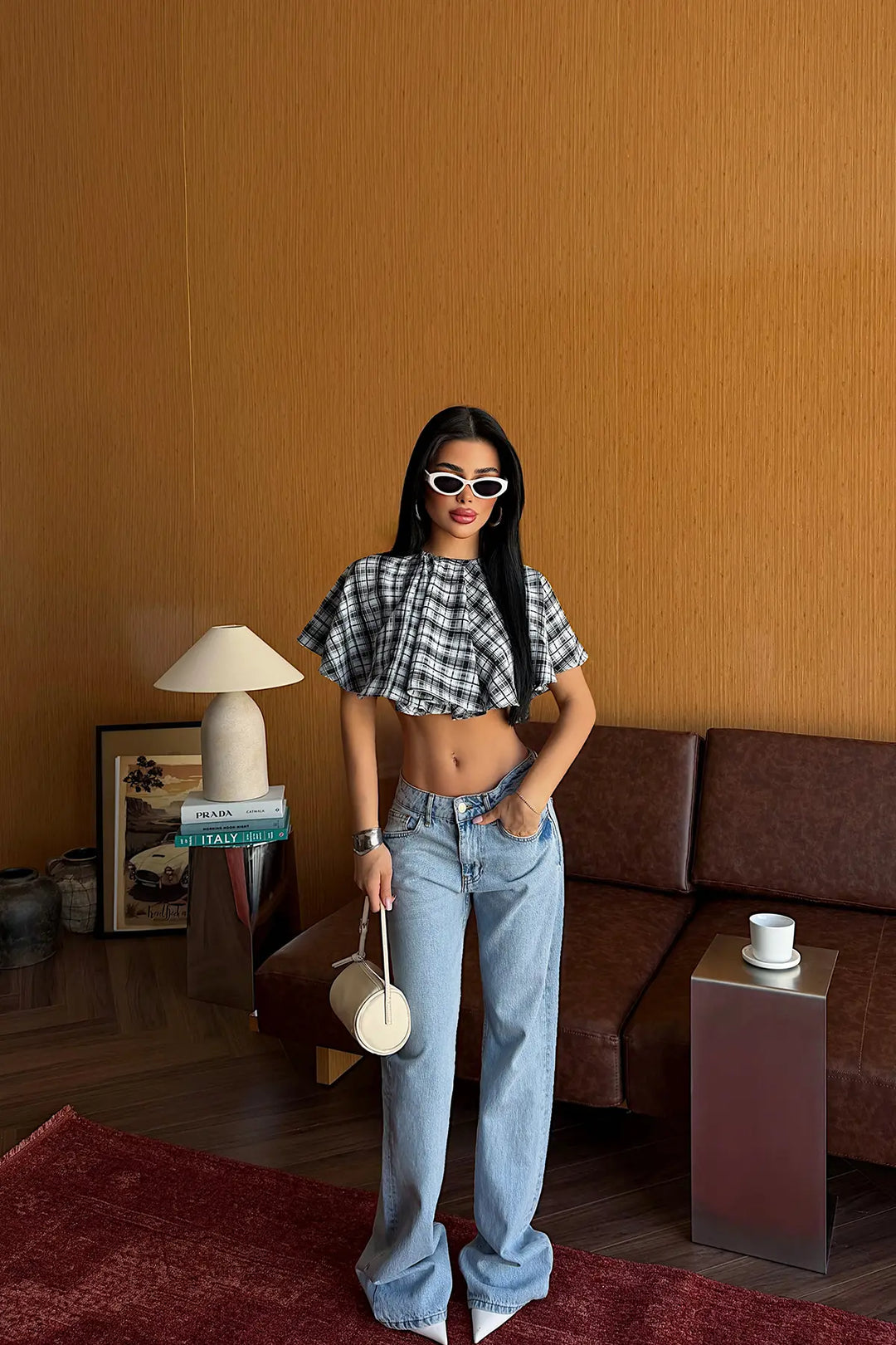 EYY Women Baby Blue Gingham Crop Top - Round Lake Beach