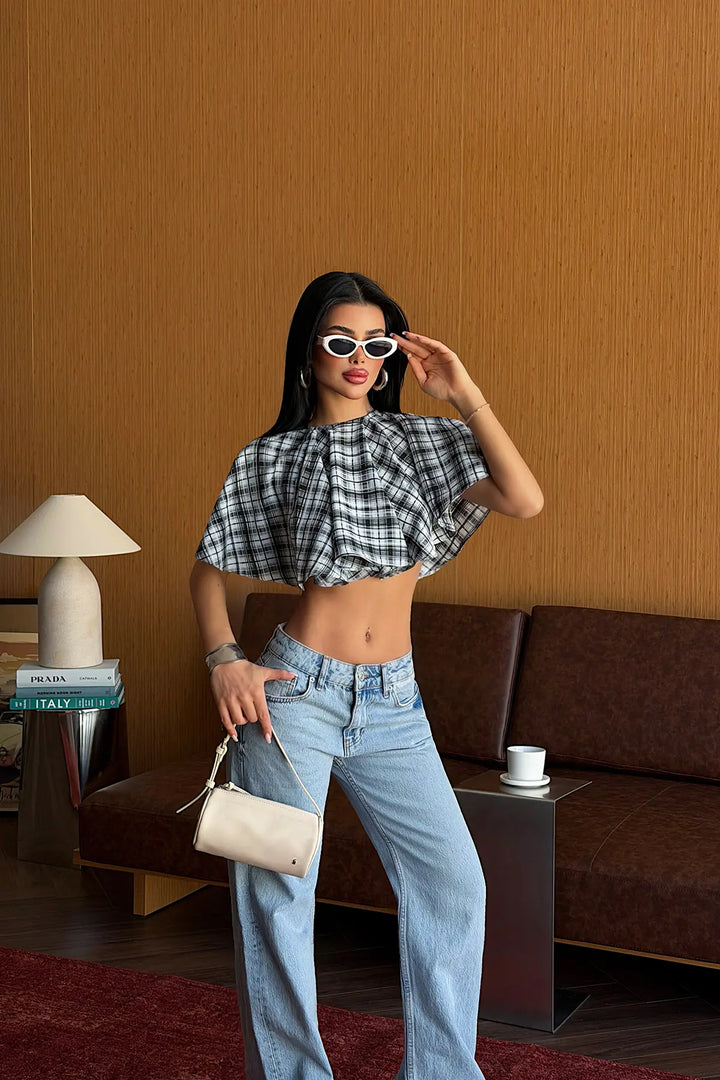 EYY Women Baby Blue Gingham Crop Top - Round Lake Beach