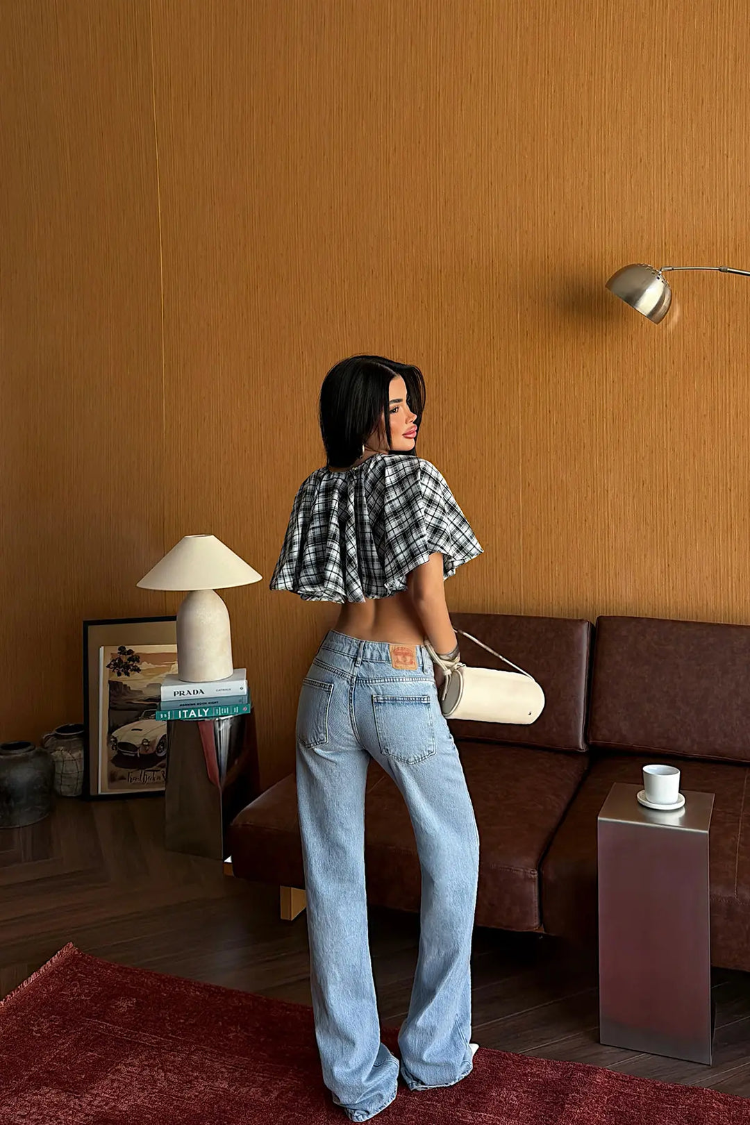 EYY Women Baby Blue Gingham Crop Top - Round Lake Beach