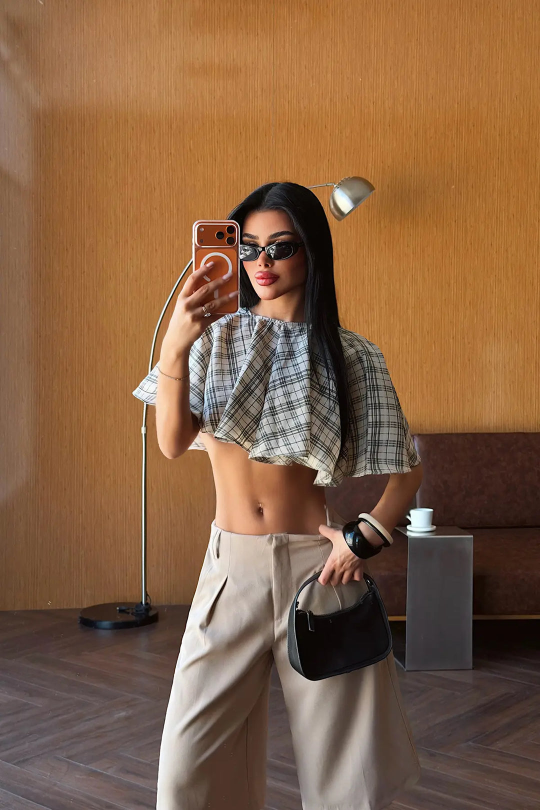 EYY Women Cream Checked Crop Top - Centennial