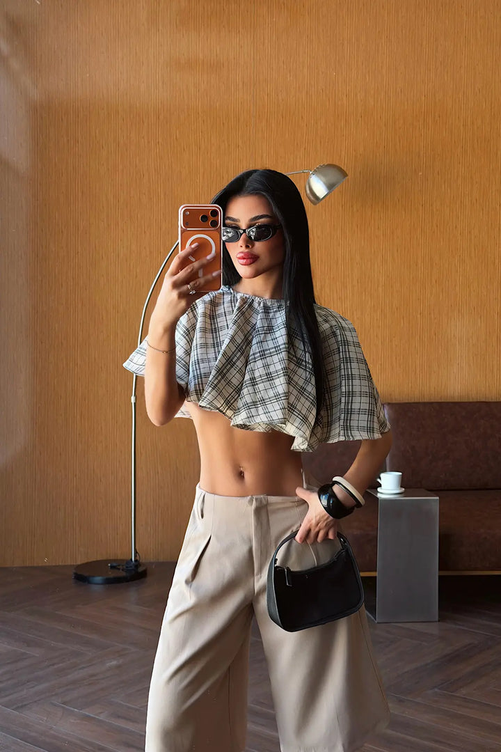EYY Women Cream Checked Crop Top - Centennial
