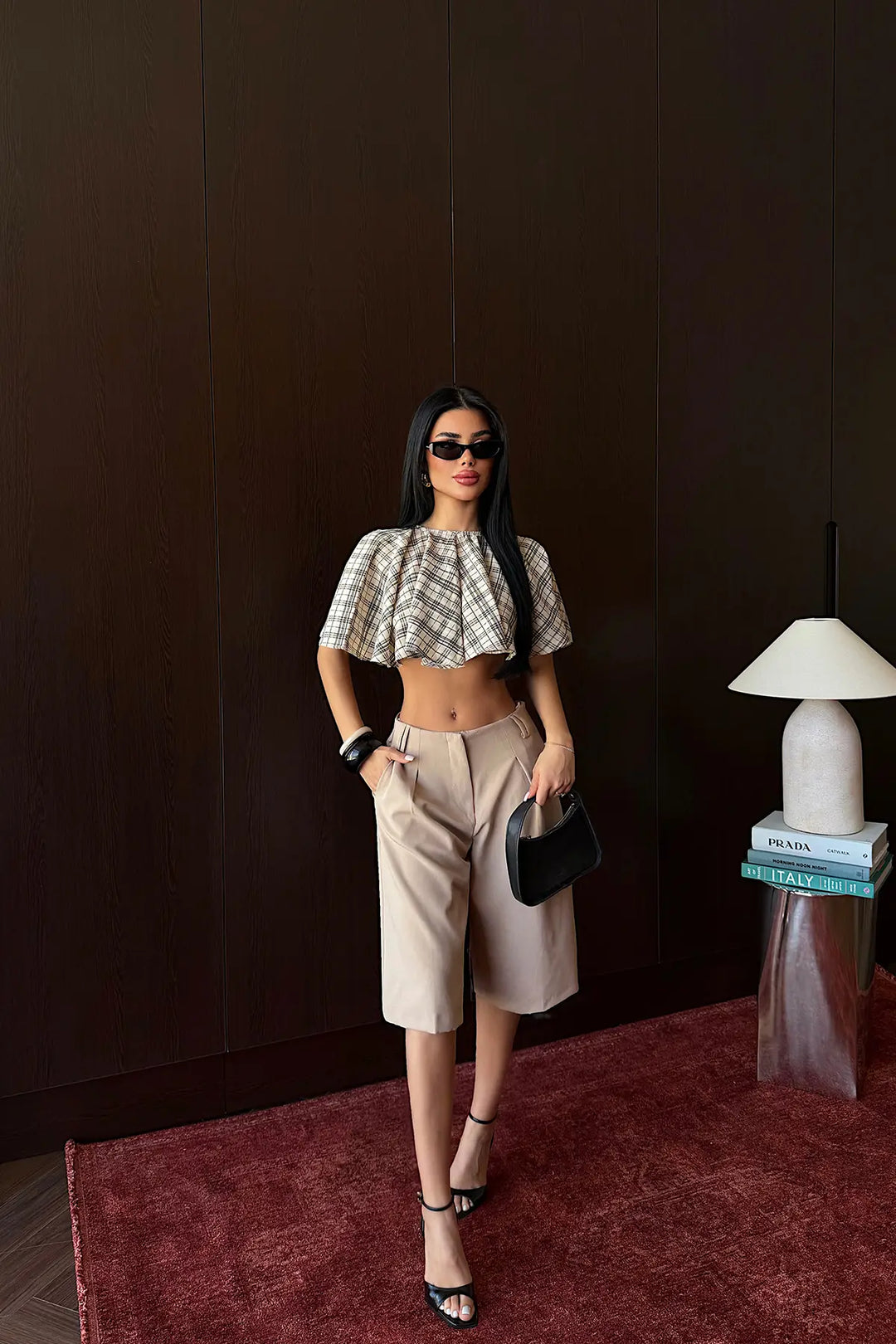 EYY Women Cream Checked Crop Top - Centennial