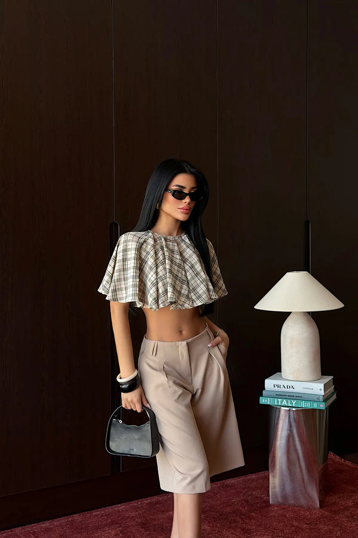 EYY Women Cream Checked Crop Top - Centennial