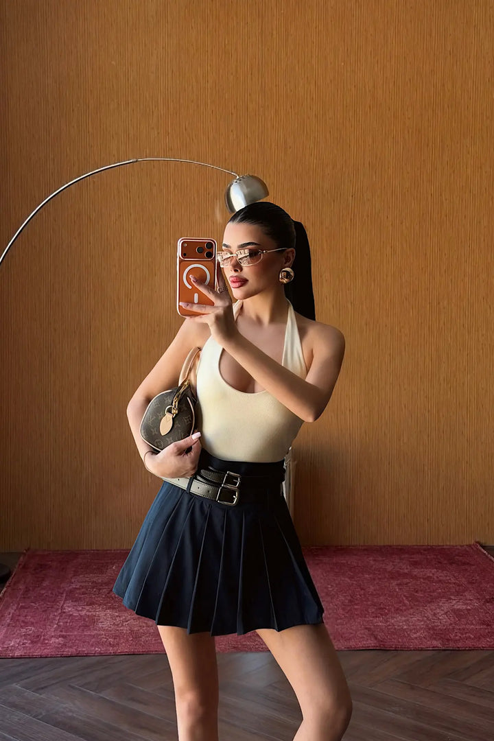 EYY Women Navy Blue Sinatra Double Belt Mini Skirt - Dollard-des-Ormeaux