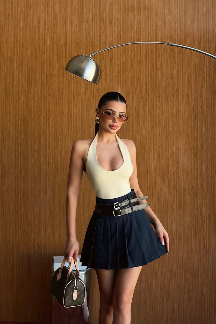 EYY Women Navy Blue Sinatra Double Belt Mini Skirt - Dollard-des-Ormeaux