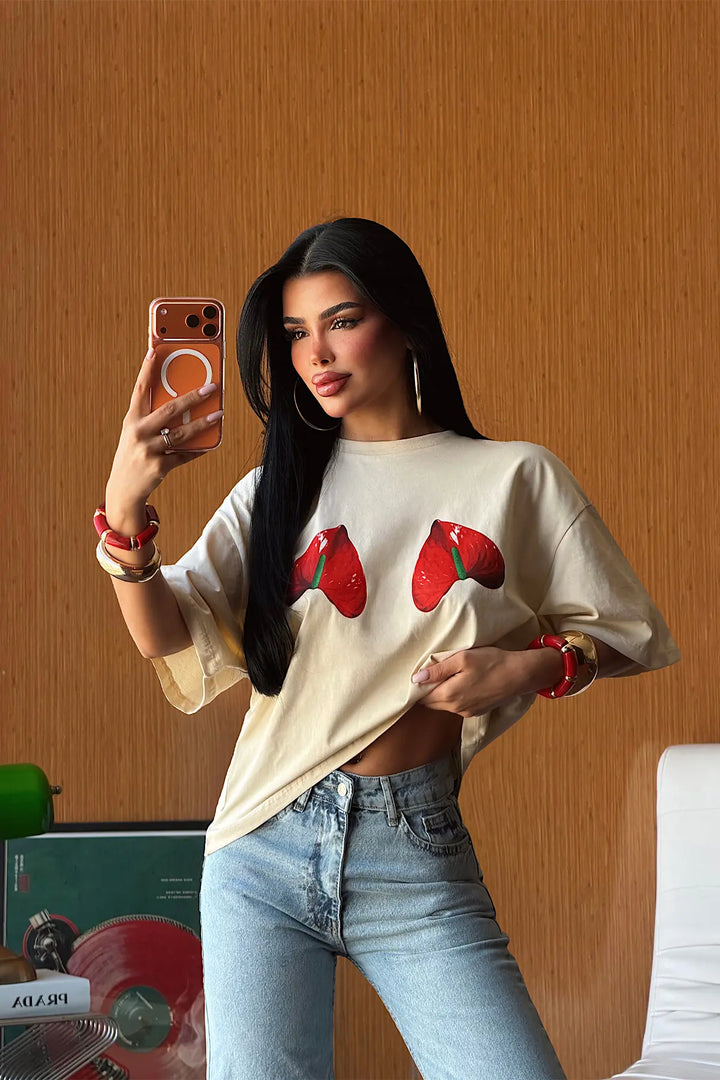 EYY Women Beige Front Printed T-Shirt - Clarington