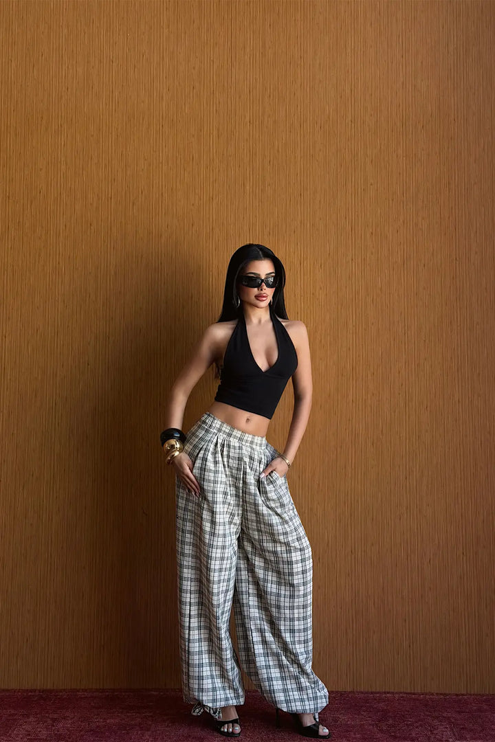 EYY Women Cream Checked Trousers - Cananea