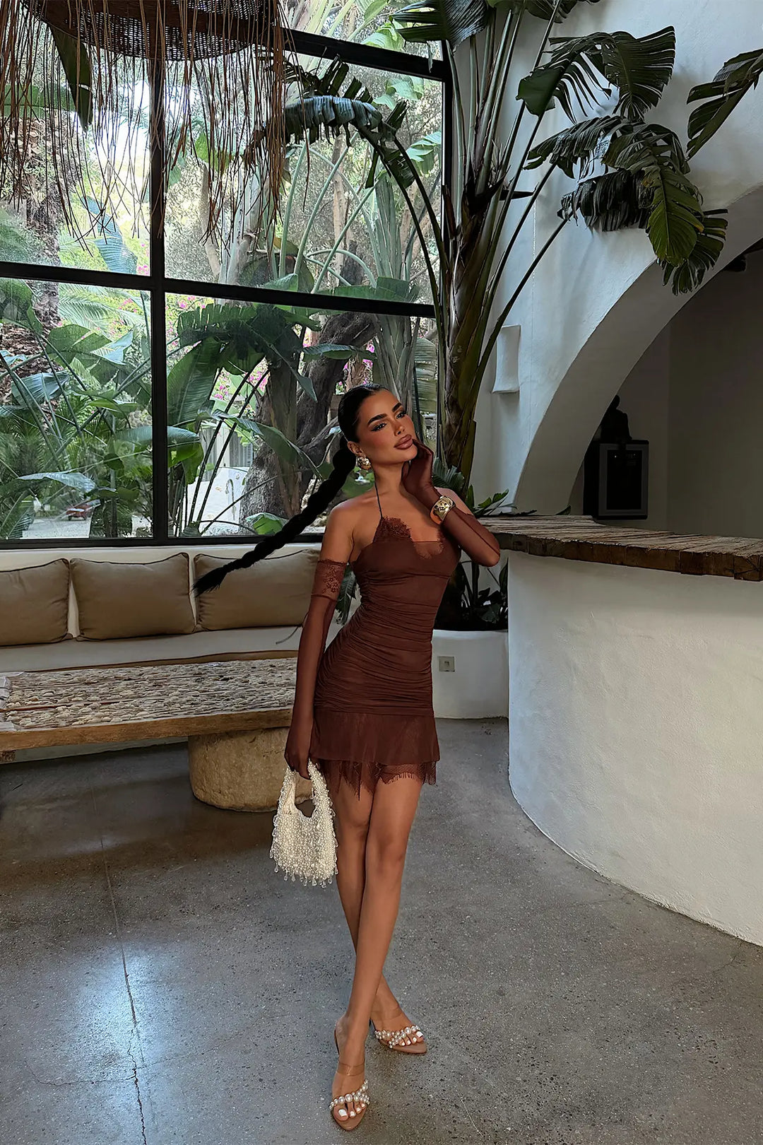 EYY Women Brown Mini Dress with Lace Detail - Slidell