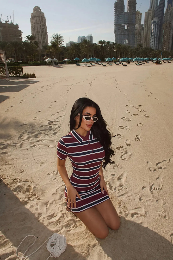 EYY Women Burgundy Striped Shirt Collar Dress - Pickering