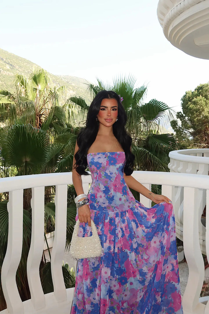 EYY Women Purple Floral Pattern Strapless Tulle Dress - Huesca