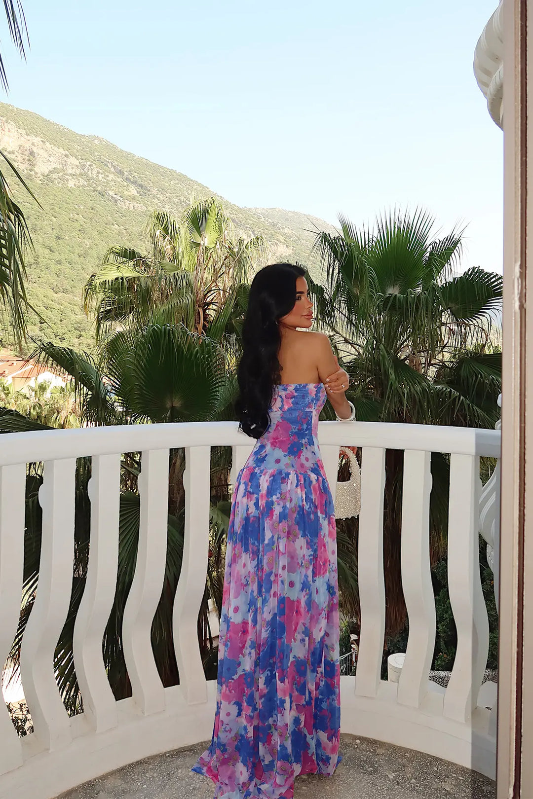 EYY Women Purple Floral Pattern Strapless Tulle Dress - Huesca