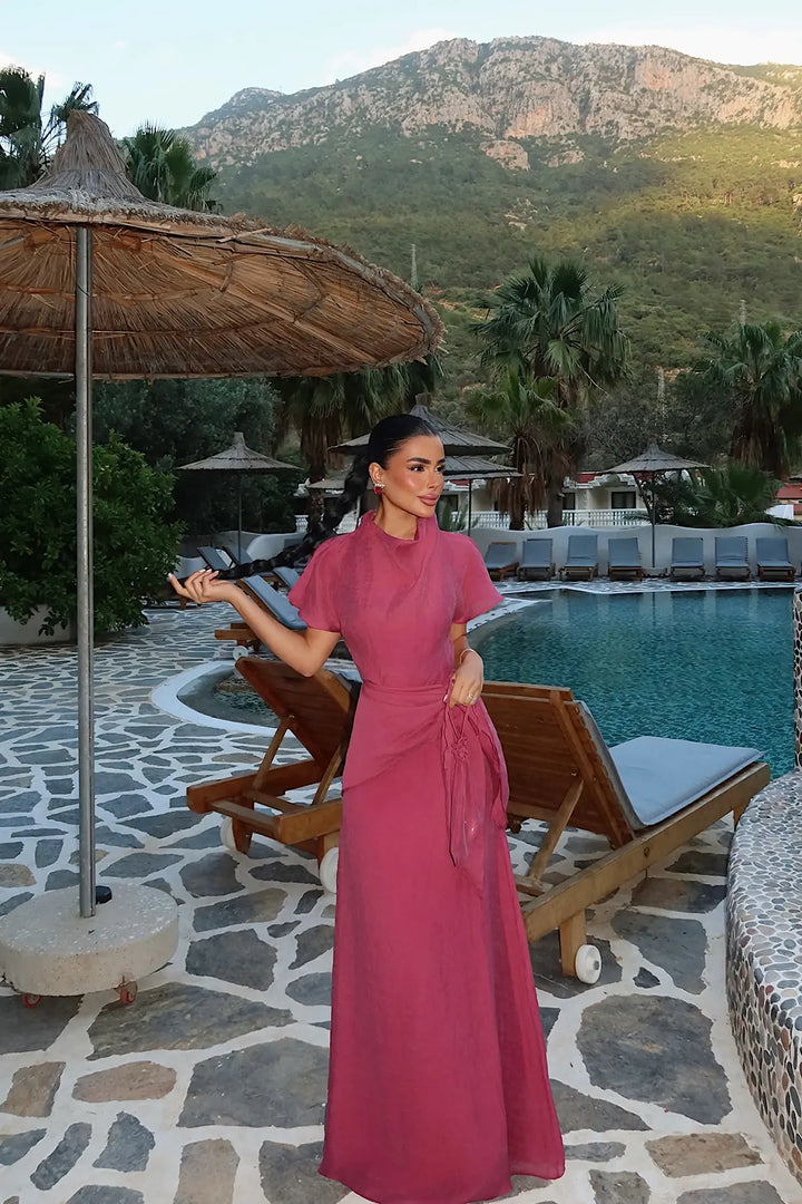 EYY Women Burgundy Long Dress with Shawl Detail - Dearborn Heights