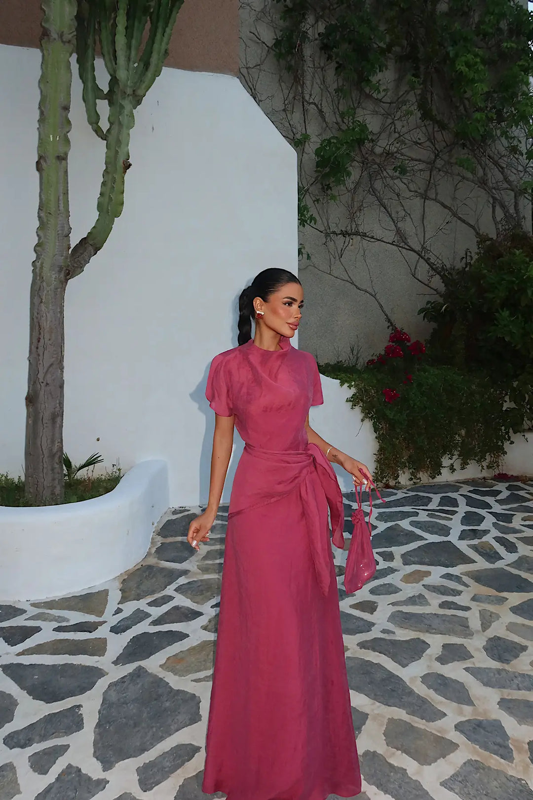 EYY Women Burgundy Long Dress with Shawl Detail - Dearborn Heights