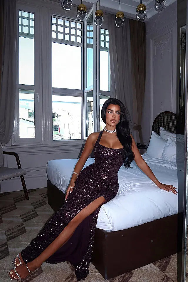 EYY Women Dark Green Sequin Dress with Slit Detail - Delaware