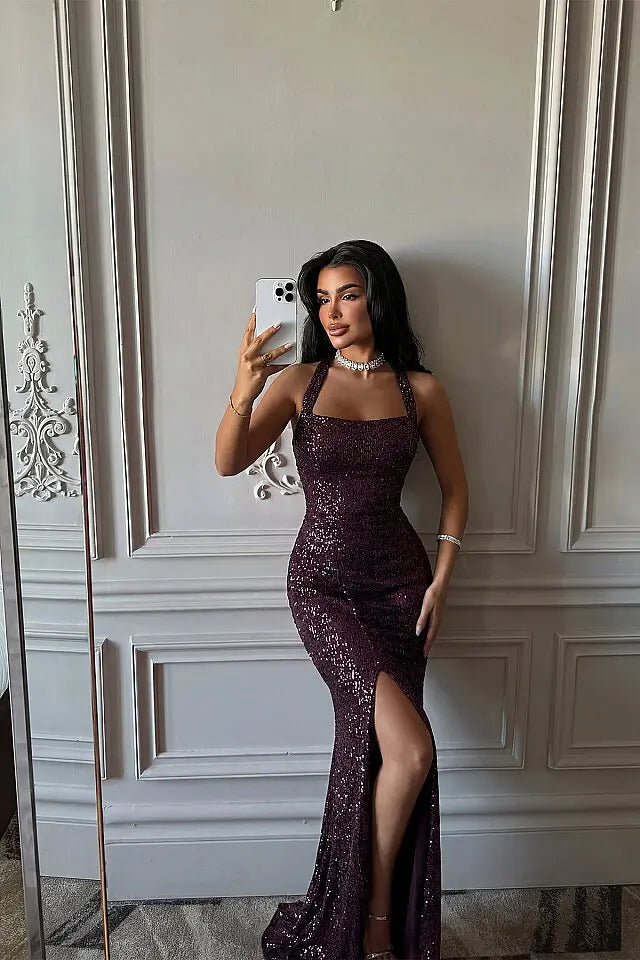 EYY Women Dark Green Sequin Dress with Slit Detail - Delaware