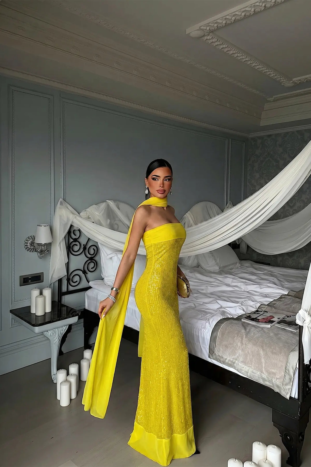 EYY Women Yellow Sequin Strapless Dress - DeLand