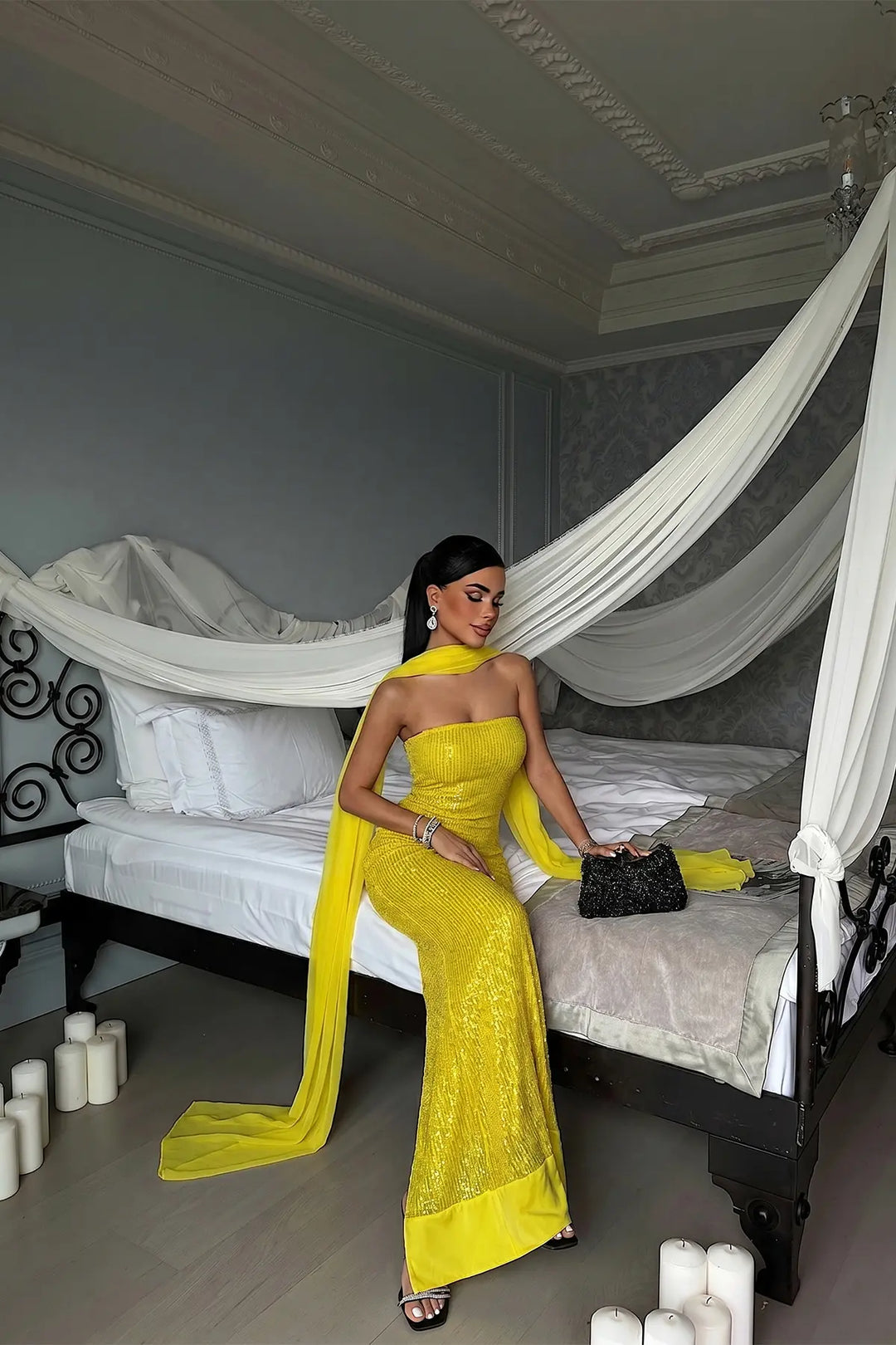 EYY Women Yellow Sequin Strapless Dress - DeLand