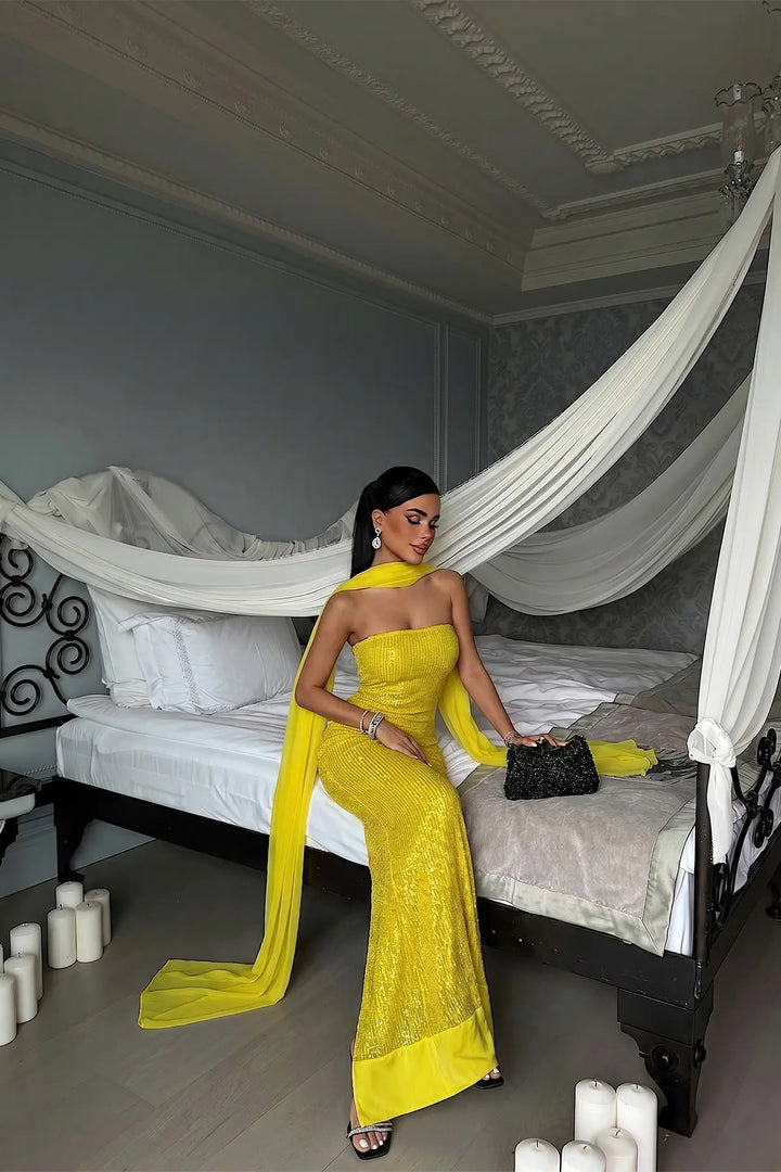 EYY Women Yellow Sequin Strapless Dress - DeLand