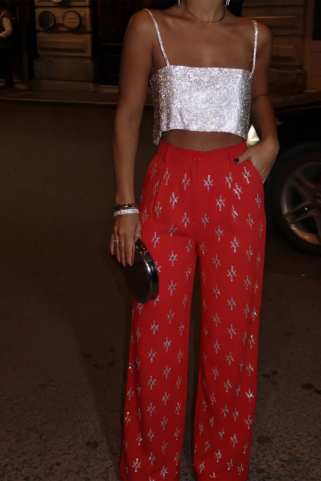 EYY Women Red High-Waisted Stone Detail Trousers - La Huacana