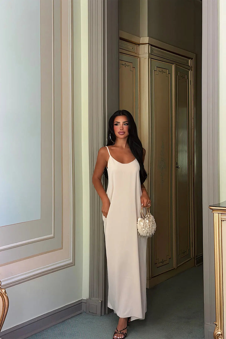 EYY Women Beige Strappy Long Dress - Vergína