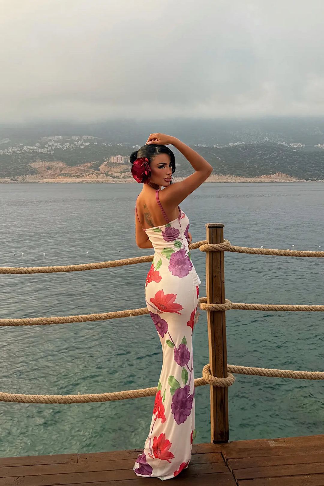 EYY Women Cream Floral Pattern Strappy Long Dress - Abilene