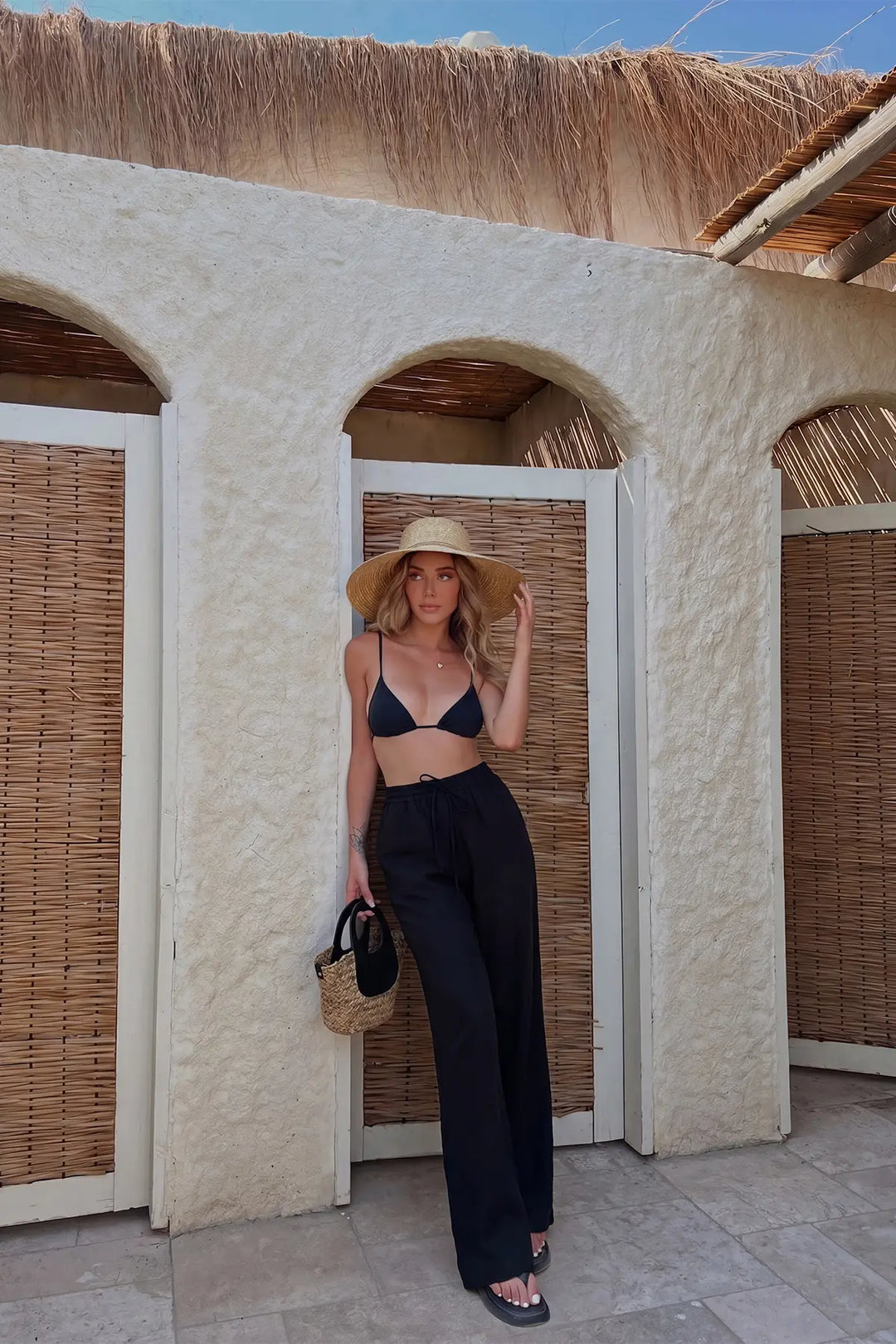 EYY Women Black Wide-Leg Trousers with Drawstring - Rotherham