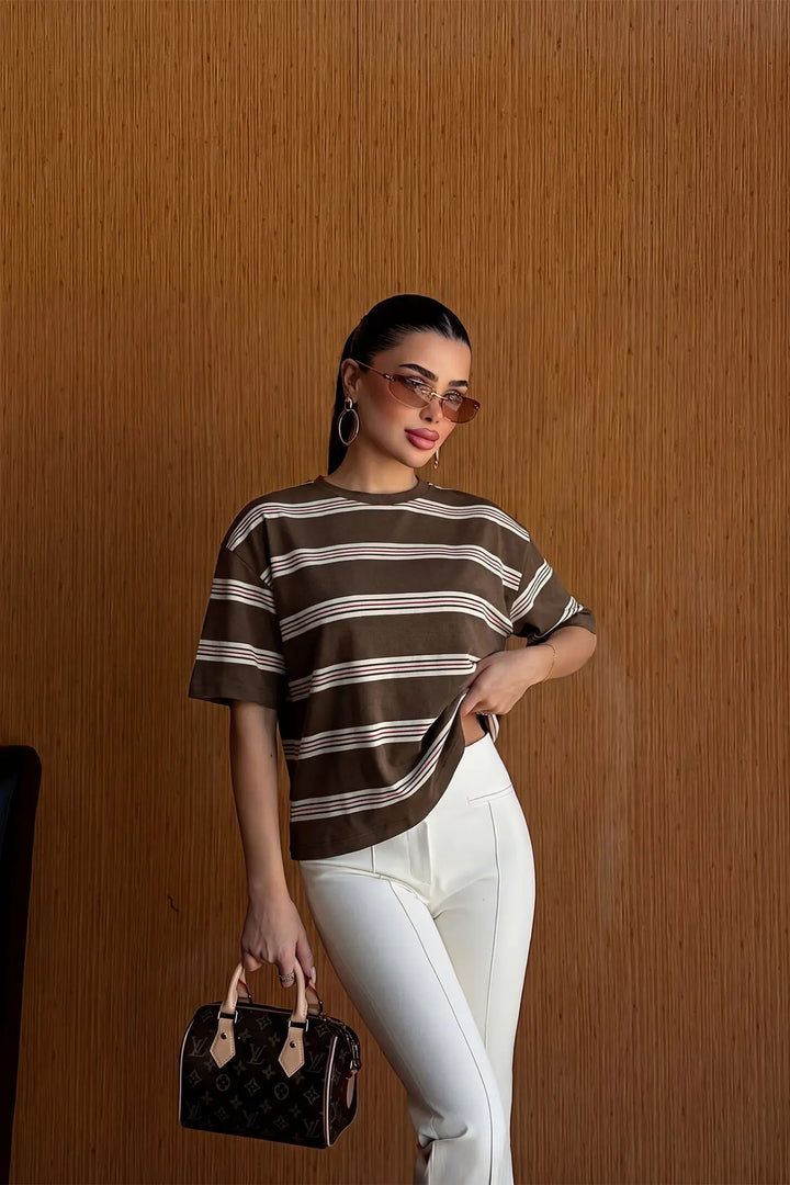 EYY Women Brown Striped T-shirt - Delano
