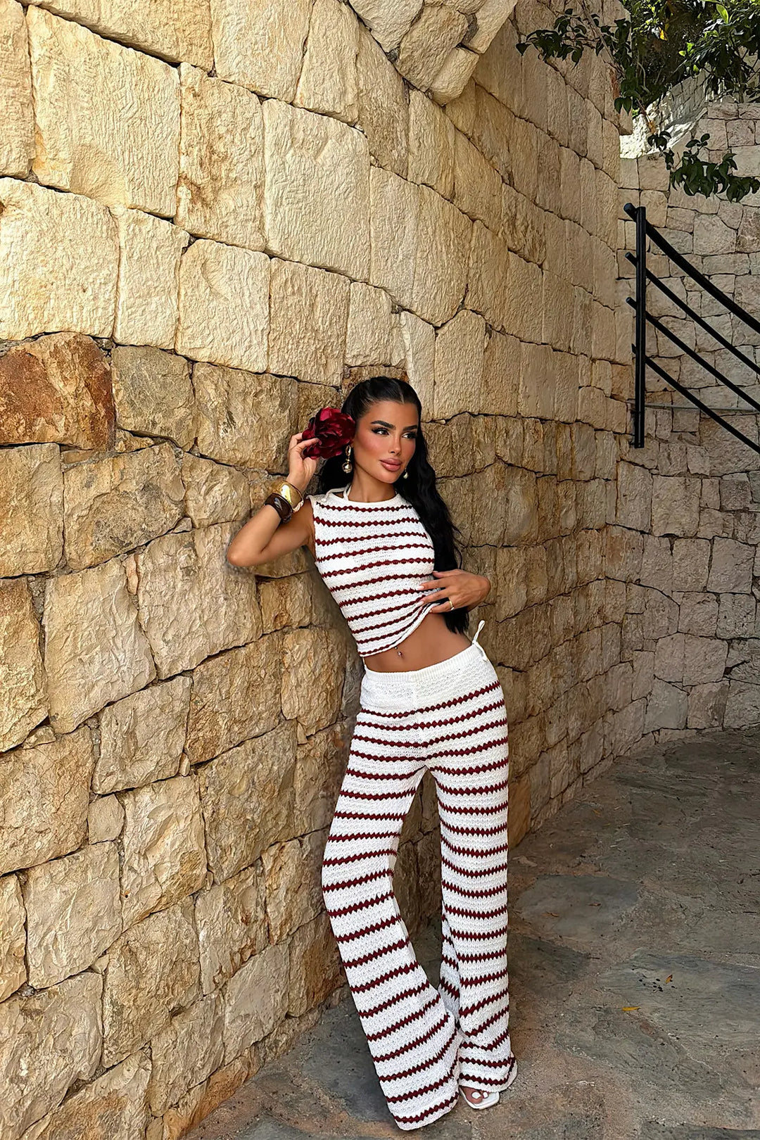 EYY Women Burgundy Striped Pants Set - Shrewsbury
