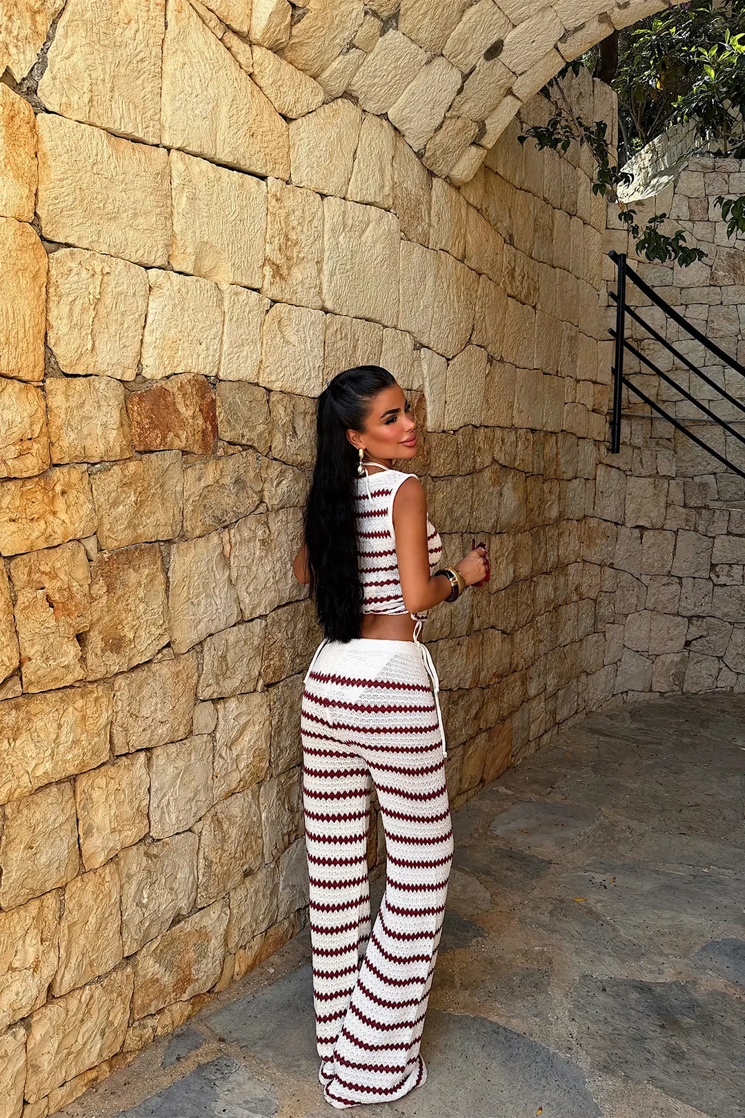 EYY Women Burgundy Striped Pants Set - Shrewsbury