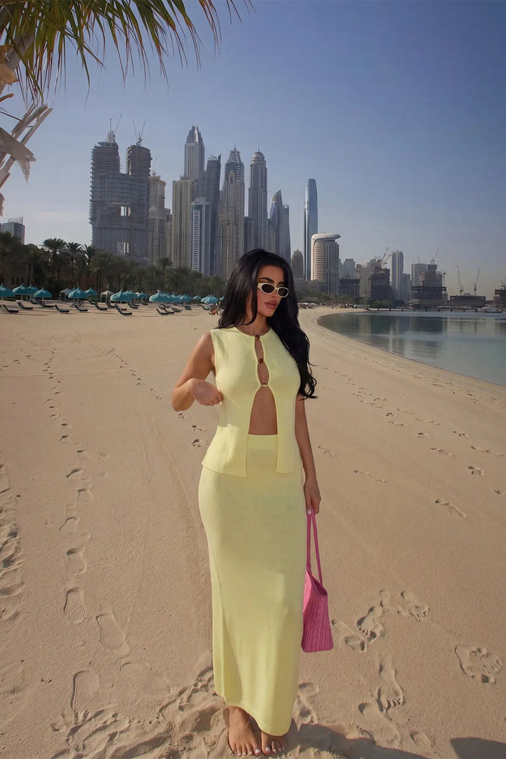 EYY Women Yellow Buttoned Vest Set - Rosenberg