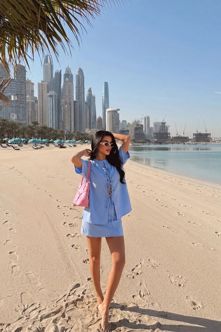 EYY Women Blue Skirt Set with Tie Detail - Augusta