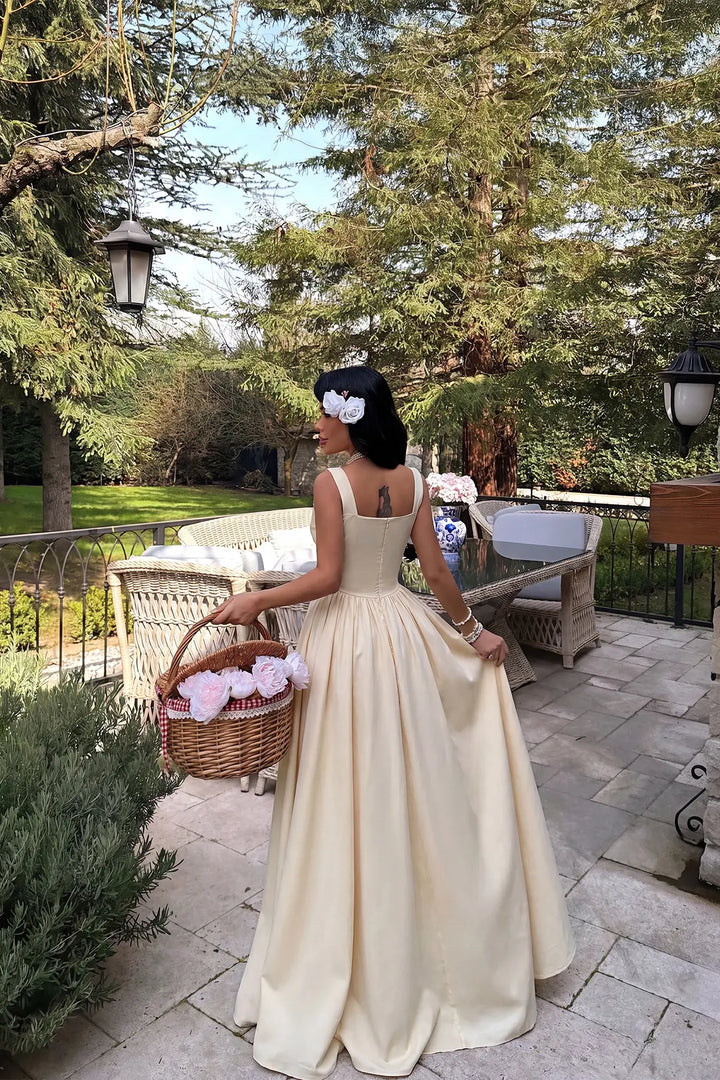 EYY Women Cream Square Neck Strappy Long Dress - Weimar