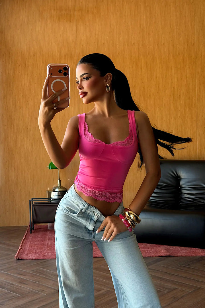EYY Women Fuchsia Lace Detail Crop Top - Cedar Hill